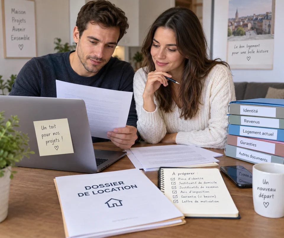 Couple préparant un dossier de location immobilière