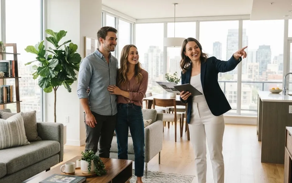 Acheteurs visitant un logement avec un agent immobilier